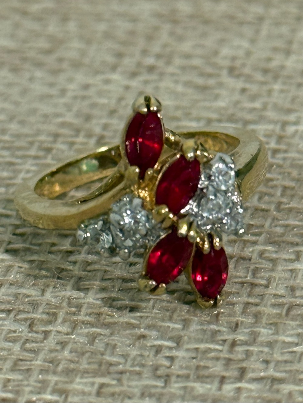 Vintage Marquise Red Stone & Diamond Accent Cluster Cocktail Ring Sz 7.25